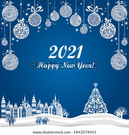 2021 Happy New Year. Greeting card. Blue Celebration background with Christmas Landscape, Christmas tree, ball, town and place for your text. Ball with ribbon. Sale. Vector Illustration