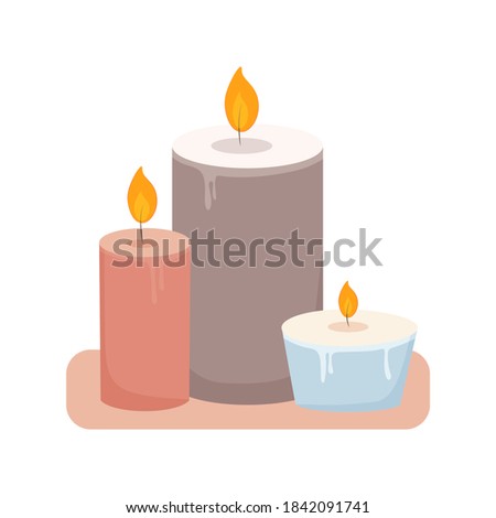 Burning paraffin wax aromatic scented candles. Aromatherapy and relaxation for spa. Cute home decoration, hygge, holidays, salon, romantic, mystical design element. Flat cartoon vector illustration.

