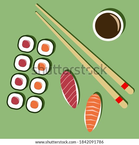 Illustration of traditional Japanese food. Sushi and rolls. Vector image in eps format.
