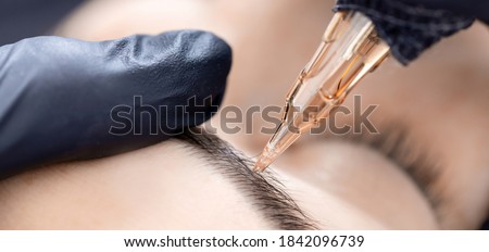 Banner Permanent make up tattoo black on eyebrows in beauty salon. Royalty-Free Stock Photo #1842096739