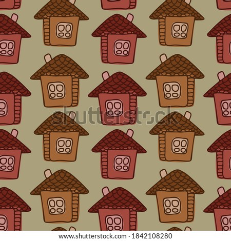 Seamless colorful vector pattern design of silhouette of lined ornamental houses in warm colors. The design is perfect for decorations, stickers, badges, logos, coloring, textiles, bags