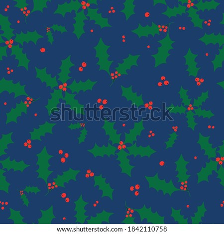Simple Christmas pattern. Beautiful Holly tree. Dark blue background. Vector texture. Holiday print for Wallpaper and textiles.