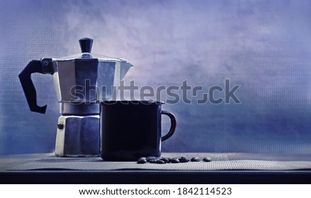 Photo of a moka express pot coffee cup and coffee beans, on a bar table background with copy space