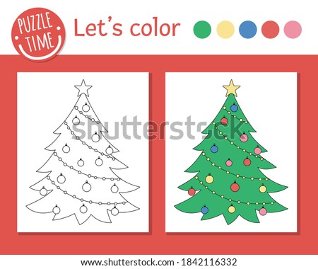 Christmas coloring page for children. Cute funny decorated fir tree. Vector winter holiday outline illustration. New Year party color book for kids with colored example
