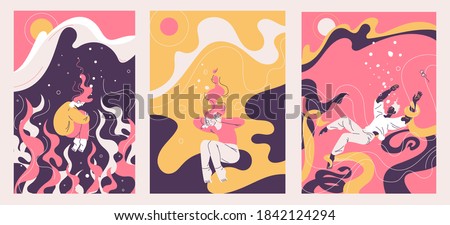 Concept illustrations about depression and mental problems. Vector outline collection with people drown in the sea of sadness. Pink, yellow and purple colors Royalty-Free Stock Photo #1842124294