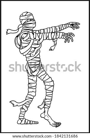 Walking mummy. Halloween drawing. Coloring template.	