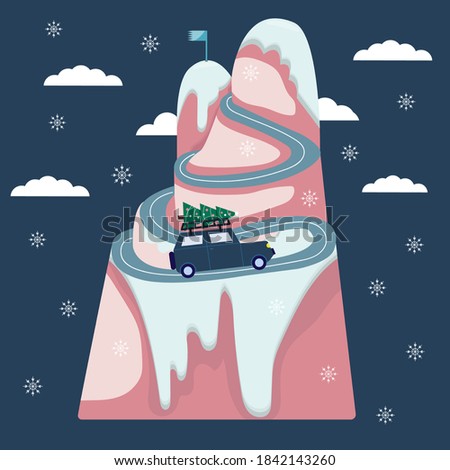 Vintage car with christmas tree, great design for any purposes. Holiday vector background. Vintage style illustration. Vector template. Christmas vector illustration. Merry Christmas