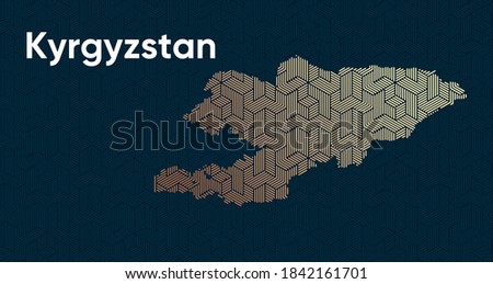 Card with a stylized oriental overlapping pattern and a transform effect. Oriental gold pattern with overlap superimposed on map. kyrgyzstan Political Map