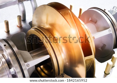 Multistage high pressure prepared pumpfor pumping of water, fuel, oil and oil or chemical products, closeup details. industrial concept background Royalty-Free Stock Photo #1842165952