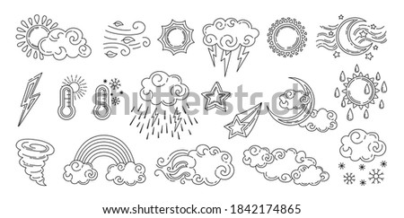 Weather doodle set. Black line hand drawn sun and clouds, rain or snow, lightning, moon and star. Symbols of forecast weather. Vector outline collection. Meteorological infographics linear signs