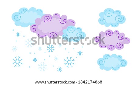 Clouds snow and cloudy, snowflakes. Cartoon weather collection. Cute hand drawn symbols of forecast weather. Meteorological infographics signs. Vector illustration