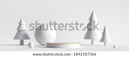 3d render. White Christmas background with white fir trees and snow balls. Empty podium, round stage, vacant podium. Minimal seasonal showcase with platform for product display