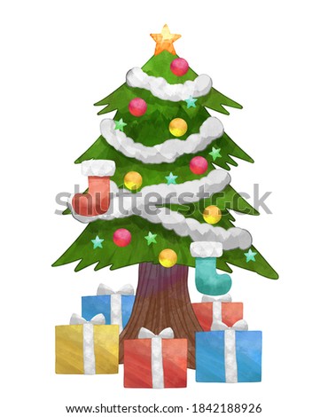 Illustration of a watercolor style Christmas tree and gift box