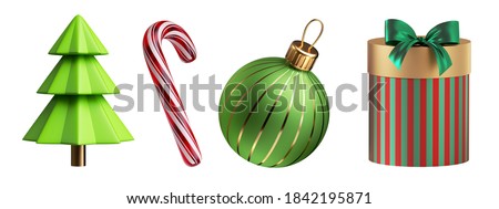 3d render, set of Christmas ornaments: gift box, glass ball, fir tree, candy cane. Holiday clip art collection isolated on white background