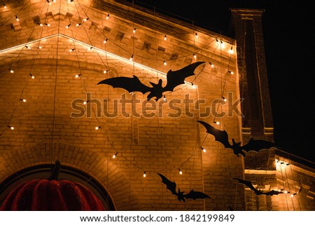 Silhouette of a black bat on an illuminated brick building. Halloween atmosphere.