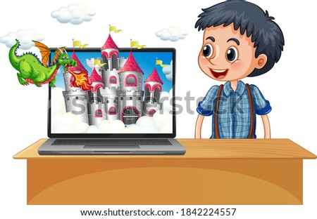 Happy boy next to computer with castle on screen desktop illustration