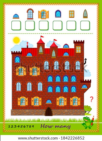 Math education for children. Count quantity of windows and write numbers. Developing counting skills. Logic puzzle game. Worksheet for school textbook. Kids activity sheet. Play online.