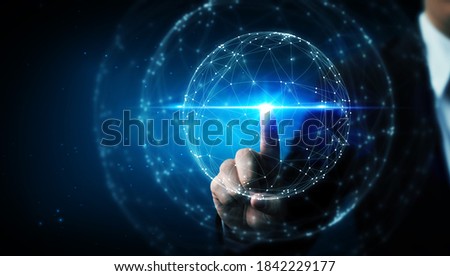Hand touching abstract network circle technology structure. Innovation networking future worldwide global concept