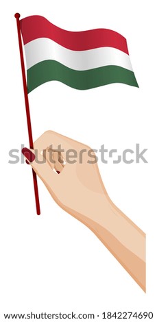 Female hand gently holds small flag of hungary. Holiday design element. Cartoon vector on white background