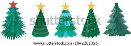 Five green simple paper cut style Christmas trees with star for winter celebration decorations