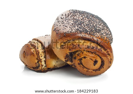 Sweet buns with poppy seeds on white background 