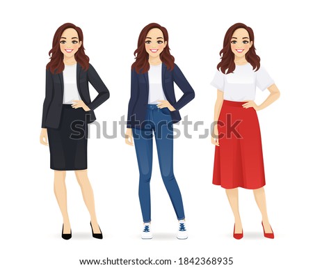 Young happy beautiful woman dressed in different business style clothes set isolated vector illustration Royalty-Free Stock Photo #1842368935