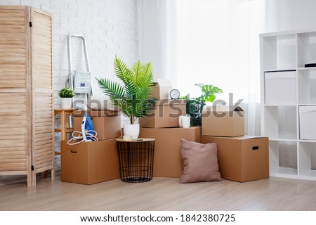 moving day and relocation concept - stack of cardboard boxes, houseplants and other domestic things in living room in new house Royalty-Free Stock Photo #1842380725