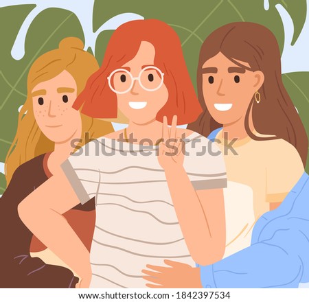 Cute happy teenagers posing together for photo. Adolescent smiling girls school friends hugging. Modern teen classmates embracing. Scene of friendship. Flat vector cartoon illustration