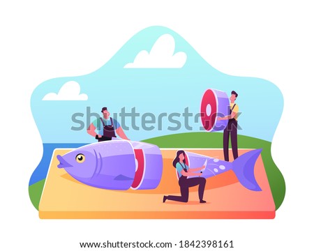 Fishery Industry, Seafood Cooking Concept. Tiny Male and Female Fisher Characters Cutting Fresh Raw Fish on Wooden Cut Board for Retail and Distribution in Stores. Cartoon People Vector Illustration