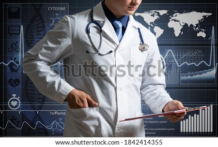 doctor makes notes in the tablet. digital healthcare concept