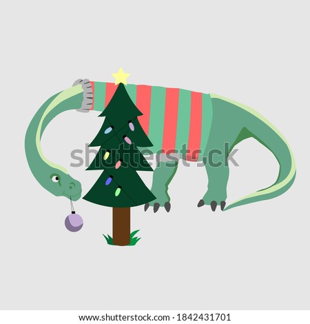 Mamenchisaurus is a long-necked dinosaur wearing a Christmas sweater. Dinosaur decorates the tree for christmas