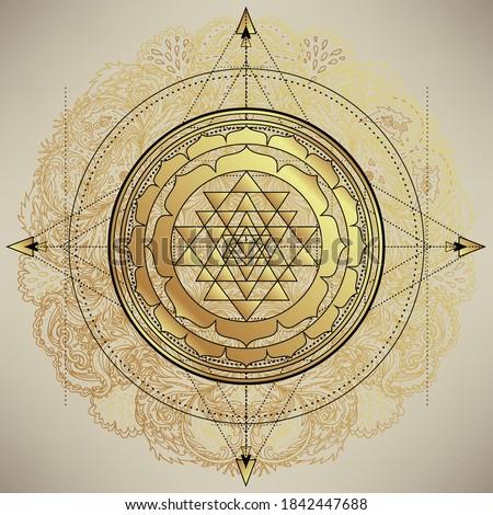 The Sri Yantra or Sri Chakra, form of mystical diagram, Shri Vidya school of Hindu tantra symbol. Sacred geometry vector design element. Vector illustration. Alchemy, occultism, spirituality. Royalty-Free Stock Photo #1842447688