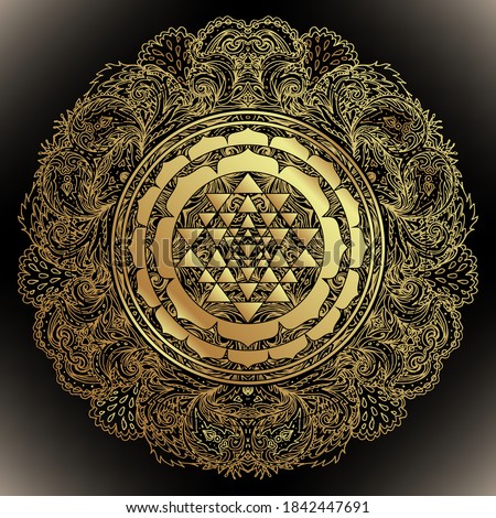 The Sri Yantra or Sri Chakra, form of mystical diagram, Shri Vidya school of Hindu tantra symbol. Sacred geometry vector design element. Vector illustration. Alchemy, occultism, spirituality. Royalty-Free Stock Photo #1842447691