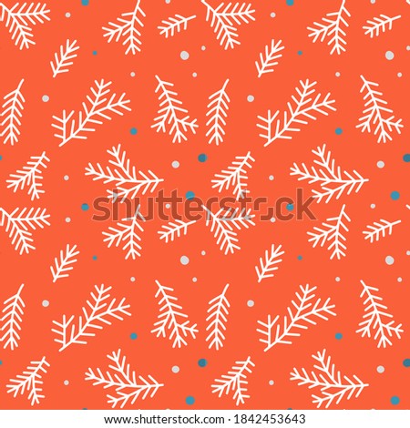 Fir branches with colored dots seamless pattern. Illustration of green shades. White background. Perfect for Christmas cards, invitations, decorations, textiles and more.