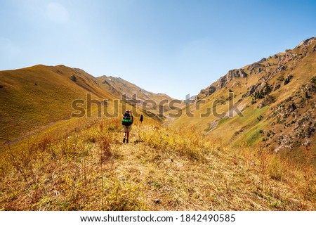 Group of young hikers trekking in mountains. Two women two men backpacking in summer near Sary Chelek lake, Sary-Chelek Jalal Abad region, Kyrgyzstan, Trekking in Central Asia.
