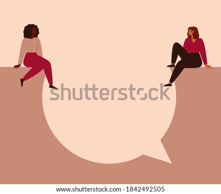 Women say concept. Young strong girls sit on a big speech bubble and look at each other. Female empowerment movement vector illustration Royalty-Free Stock Photo #1842492505