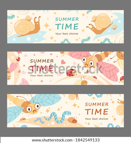 Summer time invitation flyers set. Dragonfly, cameo shell, caterpillar, cartoon insects vector illustrations with best choice text. Nature and wildlife concept for advertising banners and cards