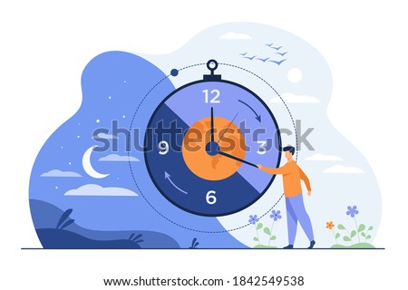 Man moving clock arrows and managing time. Planet, night and day in background. Vector illustration for circadian rhythms, daily routine, morning and evening change, planet movement concept Royalty-Free Stock Photo #1842549538