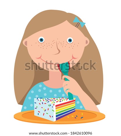  A girl with a spoon in her hand, and in front of her on a plate a lot of cake. White background