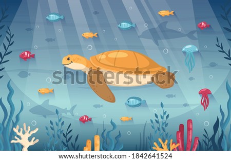 Diving snorkeling ocean underwater world cartoon background composition with smiling turtle jellyfish seaweeds coral reef vector illustration