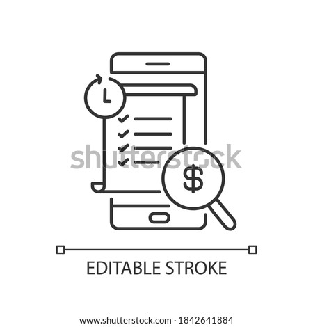Transaction history linear icon. E wallet application. Mobile banking app using. Payments report. Thin line customizable illustration. Contour symbol. Vector isolated outline drawing. Editable stroke Royalty-Free Stock Photo #1842641884