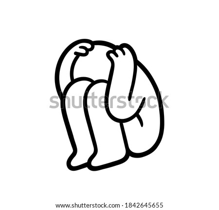 Cartoon person curled up hiding face. Depression, anxiety and panic attack. Simple black and white drawing, vector clip art illustration.