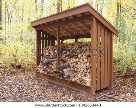 The logs have been cut and stored in the shed. Royalty-Free Stock Photo #1842653443
