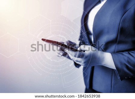 Technology people global connection network concept, Business women with laptop and virtual earth blurred background