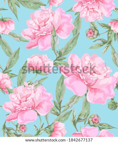 Pink peony flowers with leaves on a blue background. Romantic watercolor floral design for greeting cards, fabric print or wrapping paper.