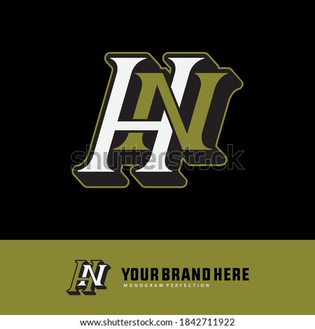 Initial letter H, N, HN or NH overlapping, interlock, monogram logo, green and white color on black background