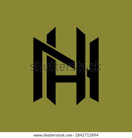 Initial letter H, N, HN or NH overlapping, interlock, monogram logo, black color on green background