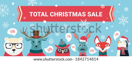 Christmas sale vector illustration. Cartoon forest animal celebrating Christmas, winter holidays season with discount offer in shop, coupon promotion template seasonal background