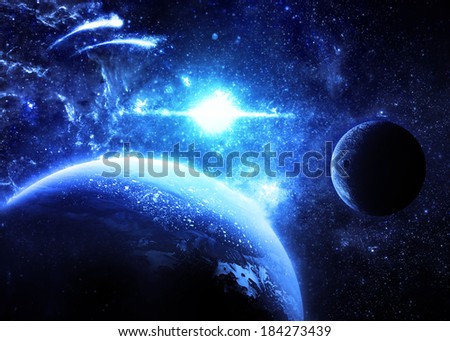 Blue Planet and Moon Over a glowing Star - Elements of this image furnished by NASA 
