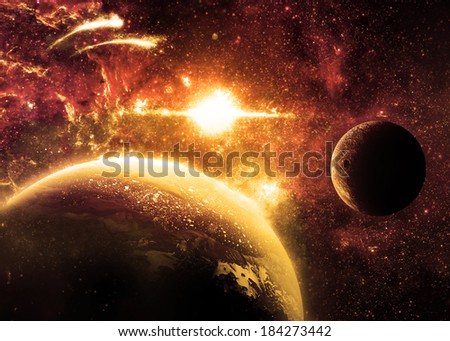 Yellow Planet and Moon Over a glowing Star - Elements of this image furnished by NASA 